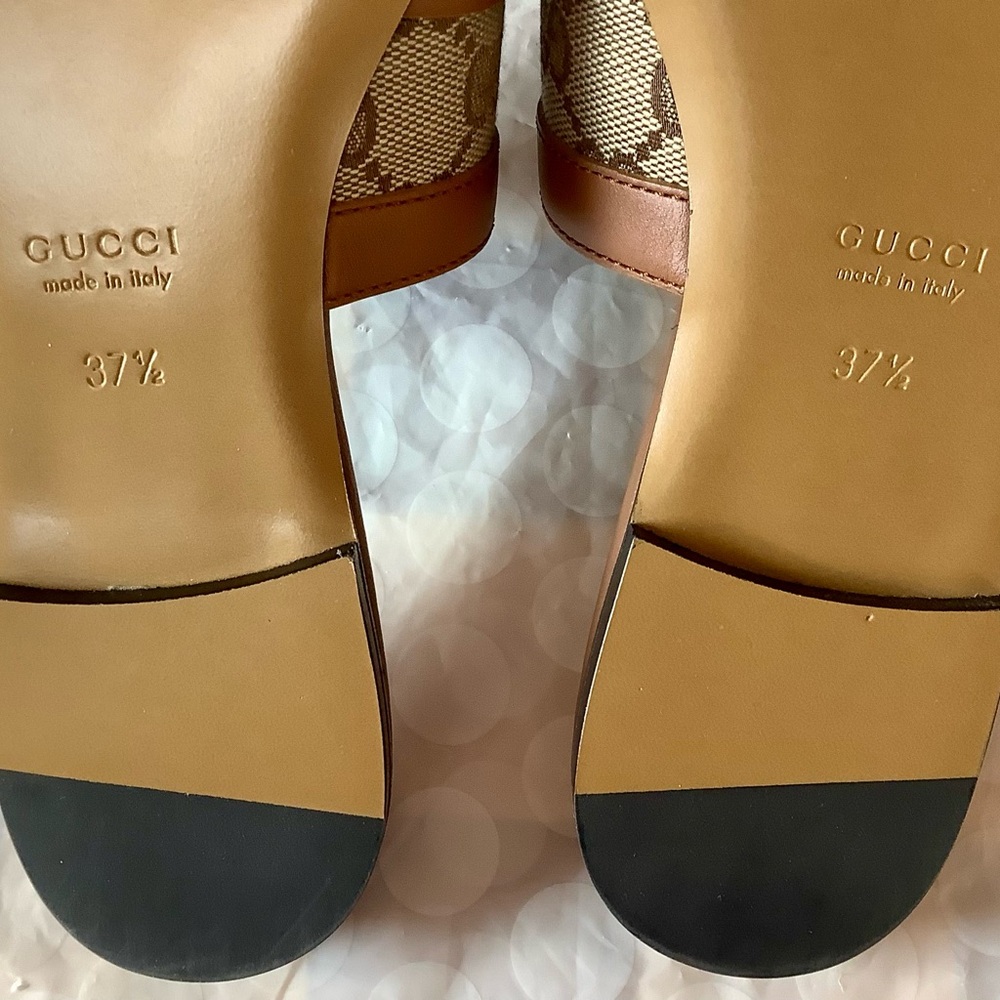 BNIB Gucci Alfa Gold Horsebit Brown GG Canvas Logo Leather Flat Slip Sandal 37.5 - Picture 11 of 12